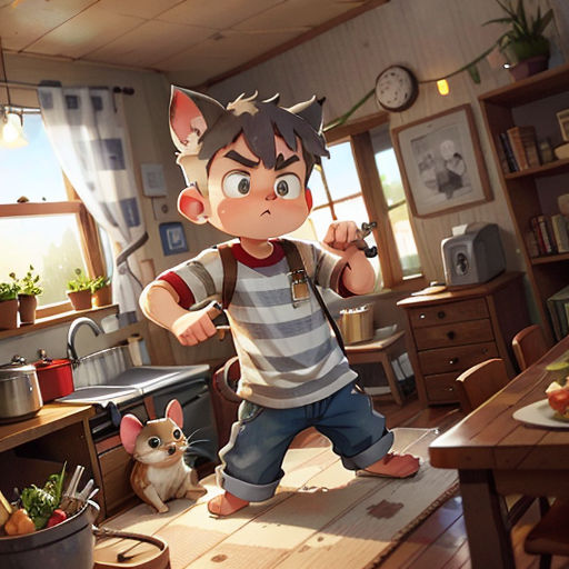 a boy standing in a kitchen with a mouse and a cat in front of him and a table with a potted plant