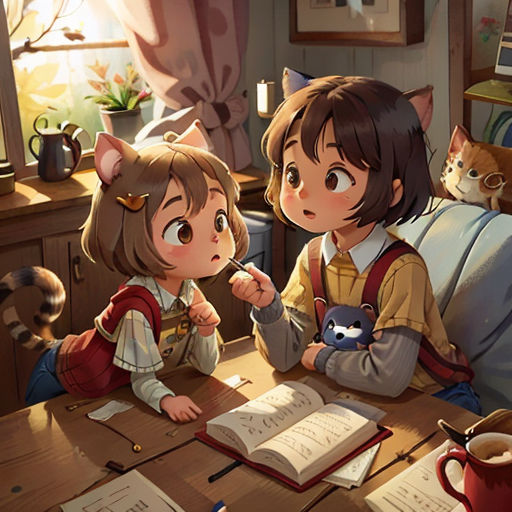 two children sitting at a table with books and a cat on the table next to them, looking at a book
