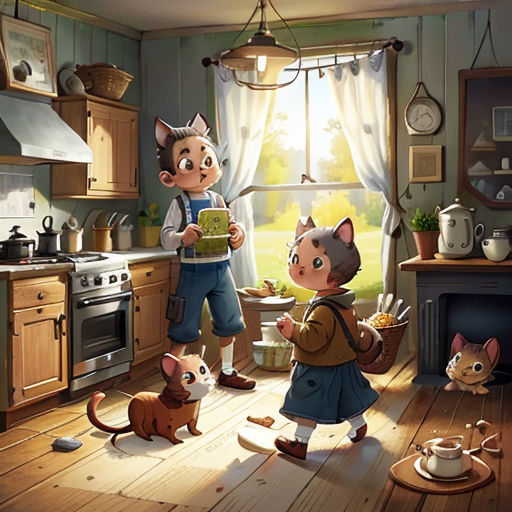 a boy and a girl are in a kitchen with a cat and a dog looking at a book in front of them