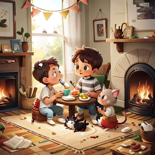 a boy and a girl eating food in front of a fire place with cats and kittens around them