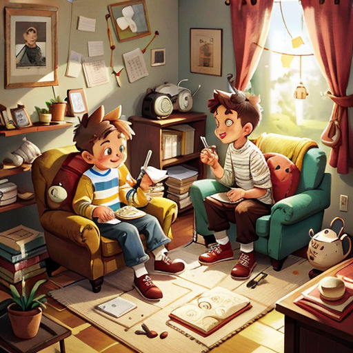 a couple of kids sitting on top of a couch in a living room next to a window with a cat