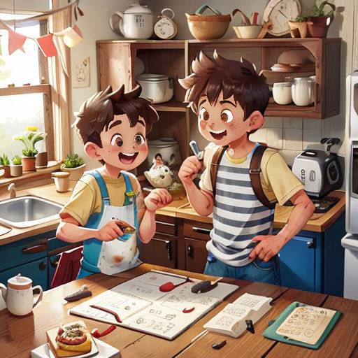 two children in a kitchen making food together with a paper towel and a fork in their hand and a paper towel in their other hand
