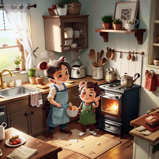 a couple of people standing in a kitchen next to a stove top oven and a sink with a pot on it