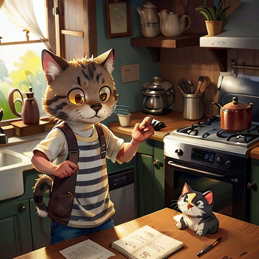 a cat is standing in a kitchen with a cat figurine on the counter and a cat on the counter