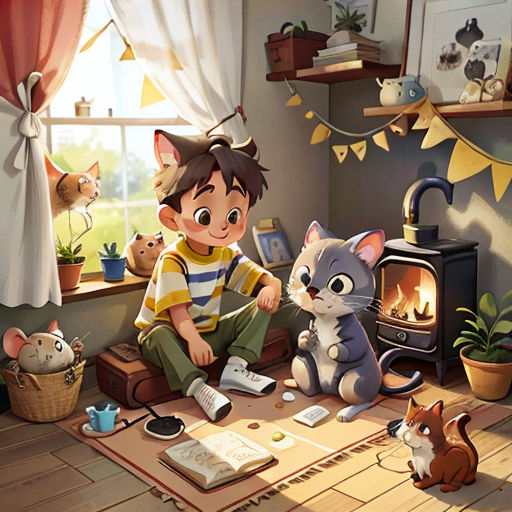 a boy sitting on a floor next to a cat and a cat toy in front of a window with a cat and kitten on the floor