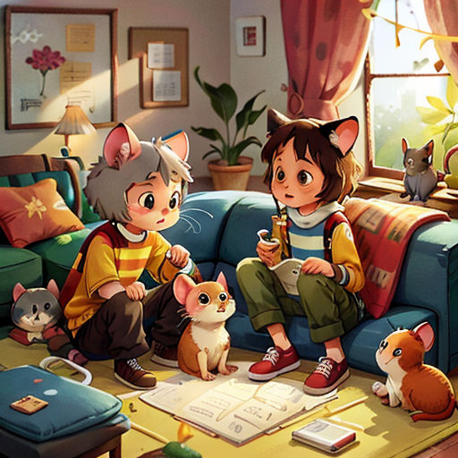 a couple of kids sitting on top of a couch next to a cat and a kitten on a rug