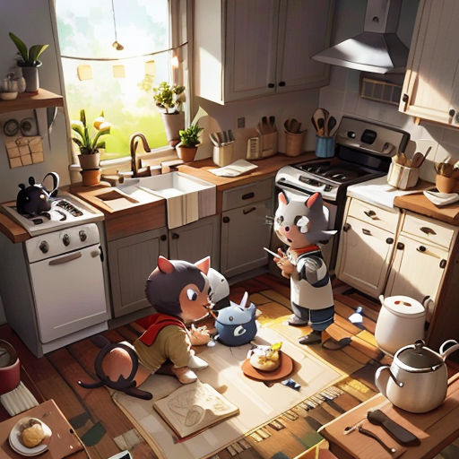 a kitchen with a couple of cats standing in the middle of it and a sink and stove top oven