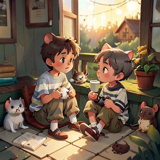 two children sitting on a porch with a cat and a cat on the ground next to them, and a cat on the ground