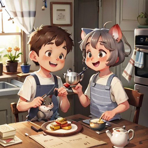 a couple of kids standing next to each other at a table with food on it and a cat on the table