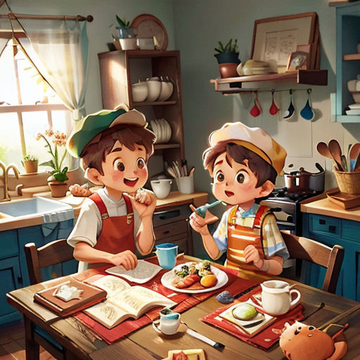 a boy and a girl are eating at a table in a kitchen with a cat on the table and a cat on the table