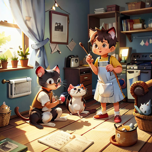 a cartoon of a girl and two cats in a room with a cat on the floor and a cat on the floor