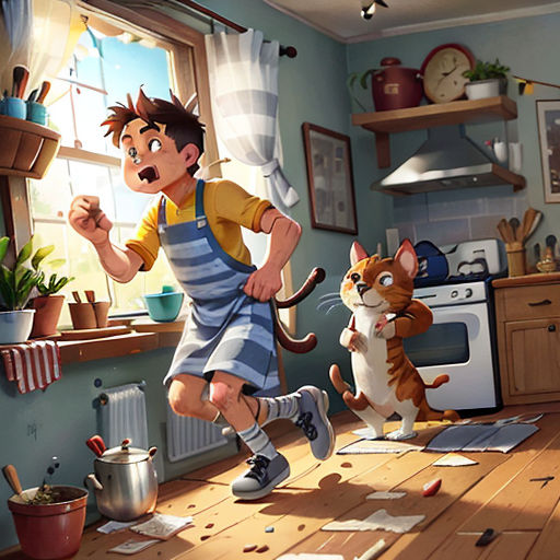 a boy running across a kitchen floor with a cat and a dog nearby on the floor of the kitchen