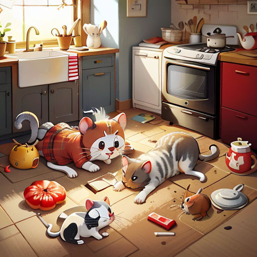 a cat and a mouse are laying on the floor in a kitchen with a stove and a sink and a window