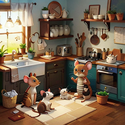 a kitchen with a sink, stove, and a couple of mice sitting on the floor in front of the sink