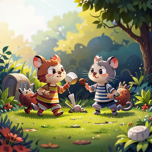 a couple of mice are playing in the grass together in a forest with a mailbox and a mailbox