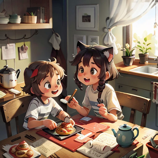 two children sitting at a table eating food in a kitchen with a cat on the wall behind them and a cat on the table