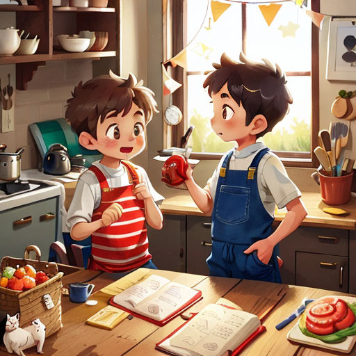a boy and a girl are cooking in a kitchen together, with a book open to the side of the table