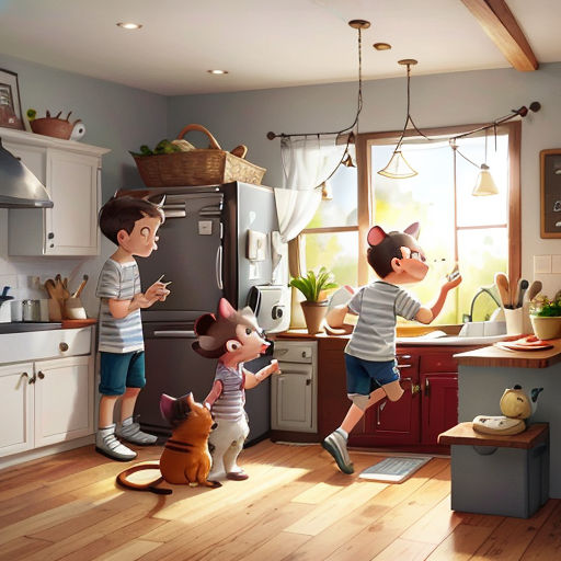a group of children in a kitchen with a dog and cat on the floor and a cat on the floor