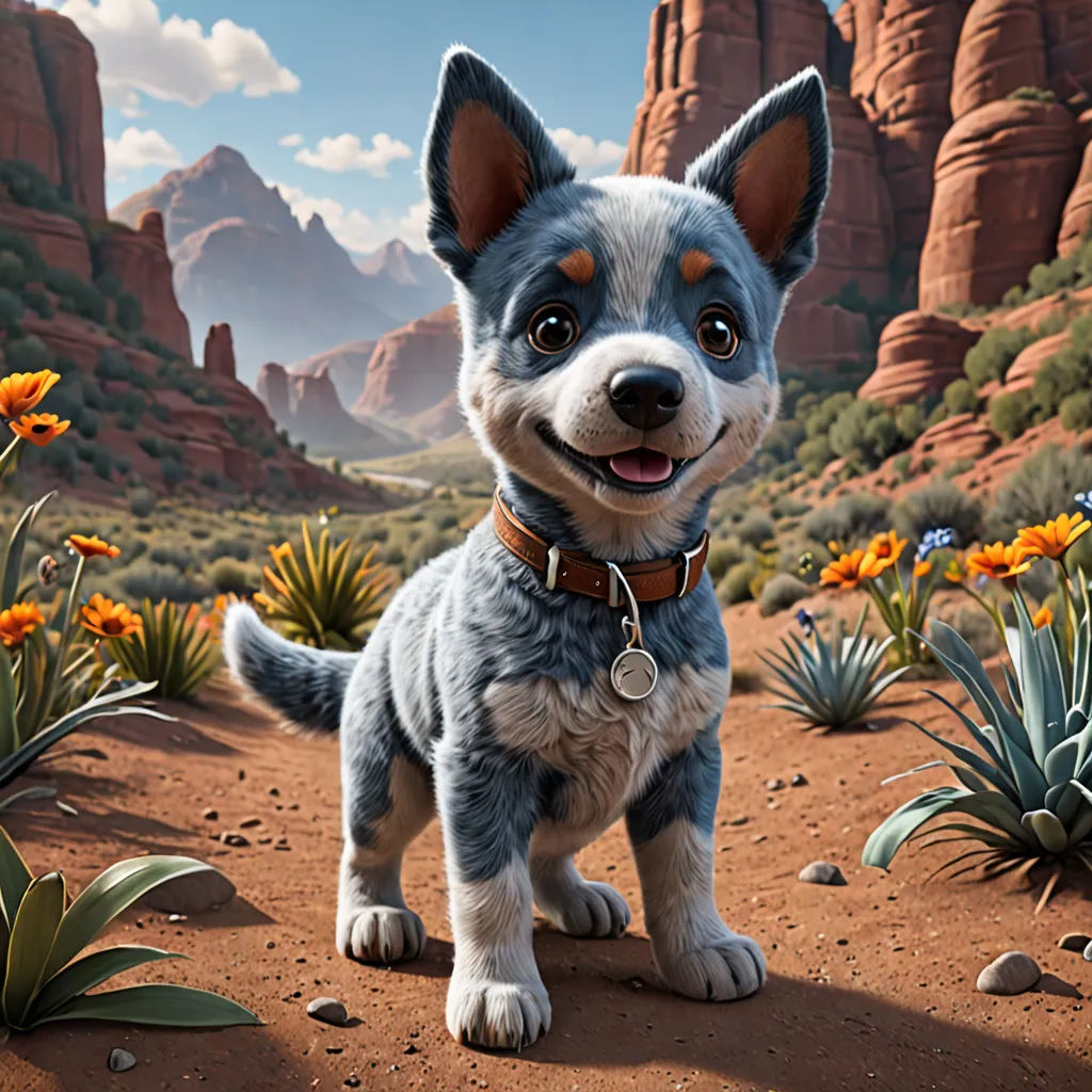 a dog standing in a desert with mountains in the background and flowers in the foreground, and a sky with clouds and sun, photorealism, concept art, Chris LaBrooy, key art