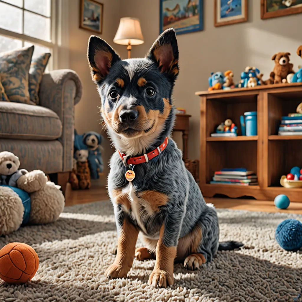 a dog sitting on a rug in a living room with toys and a teddy bear on the floor in front of him, photorealism, a photorealistic painting, Doug Ohlson, animal photography