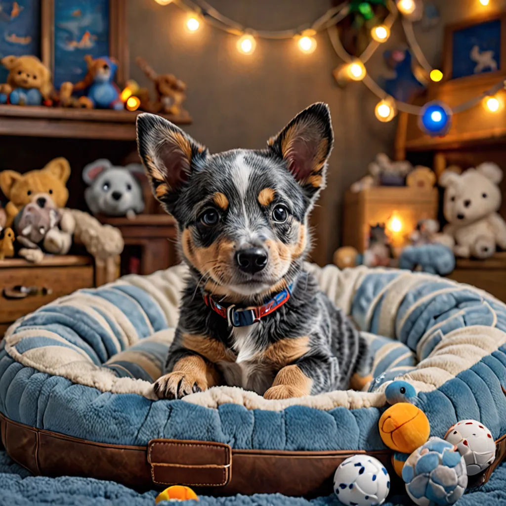 a dog laying on a dog bed in a room with stuffed animals and lights on the wall behind it, art photography, a stock photo, Aloysius O'Kelly, animal photography