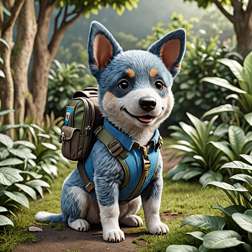 a dog with a backpack on sitting in the grass near trees and bushes, with a forest in the background, photorealism, a 3D render, Chris LaBrooy, unreal engine 5 quality render