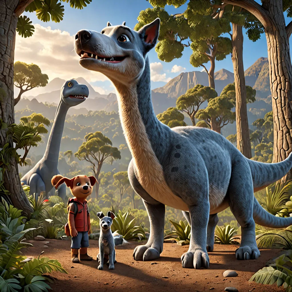 a dog and a dinosaur in a forest with a dog and a dinosaur in the foreground, and a man and dog in the background, furry art, concept art, Chris LaBrooy, promotional image