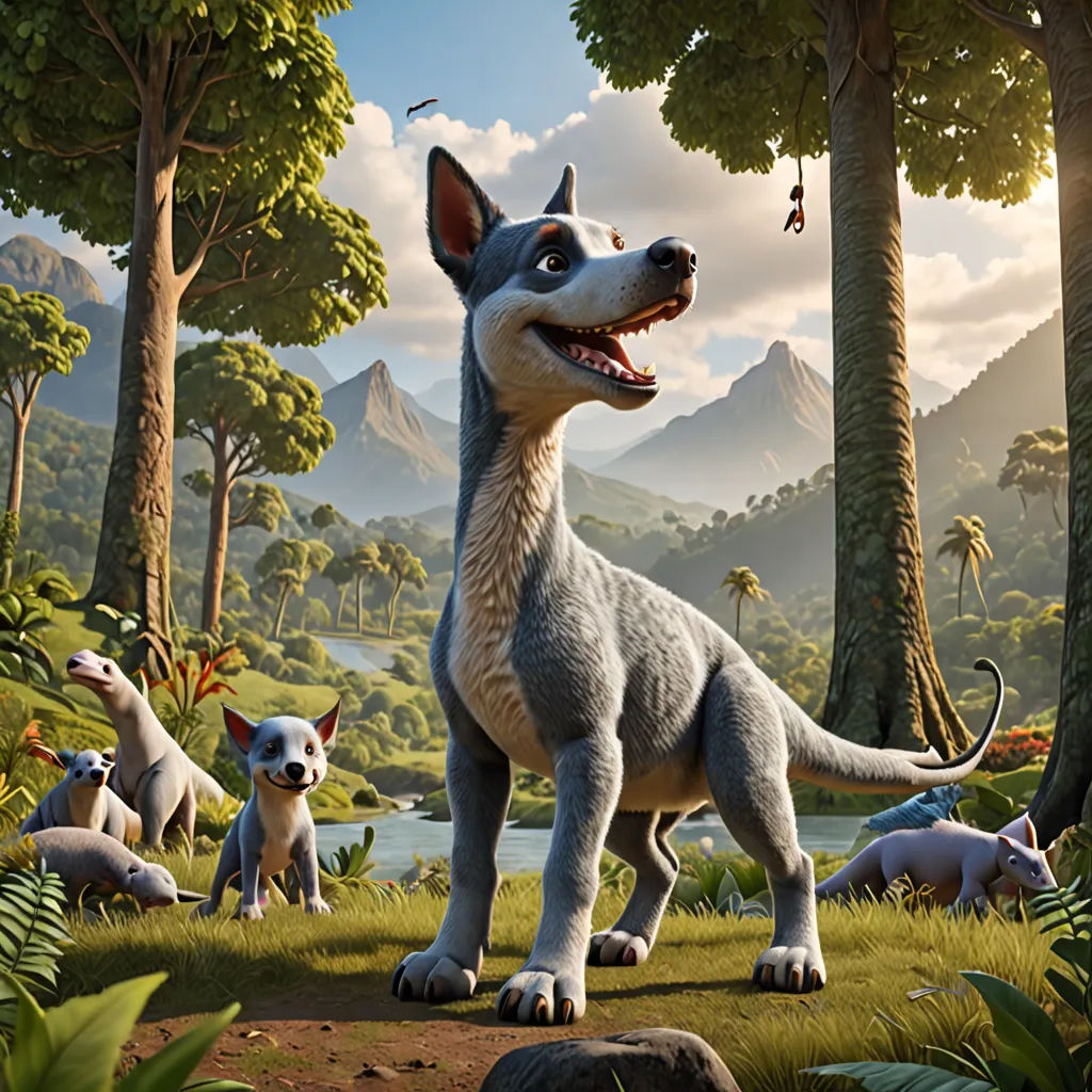 a dog standing in the middle of a forest with other dogs around it and a bird flying overhead in the sky, photorealism, concept art, Chris LaBrooy, key art