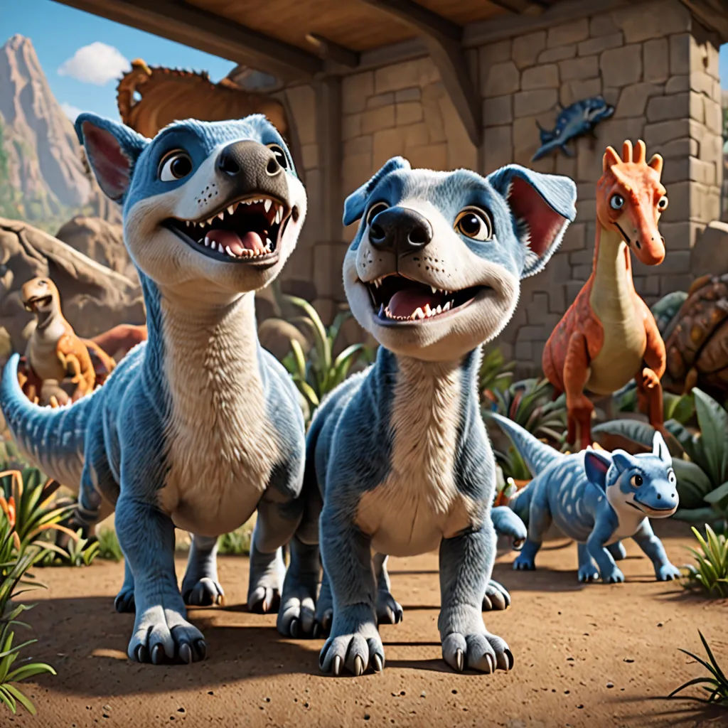 a group of animated animals standing in front of a building with a dinosaur and a giraffe in the background, photorealism, concept art, Chris LaBrooy, promotional image