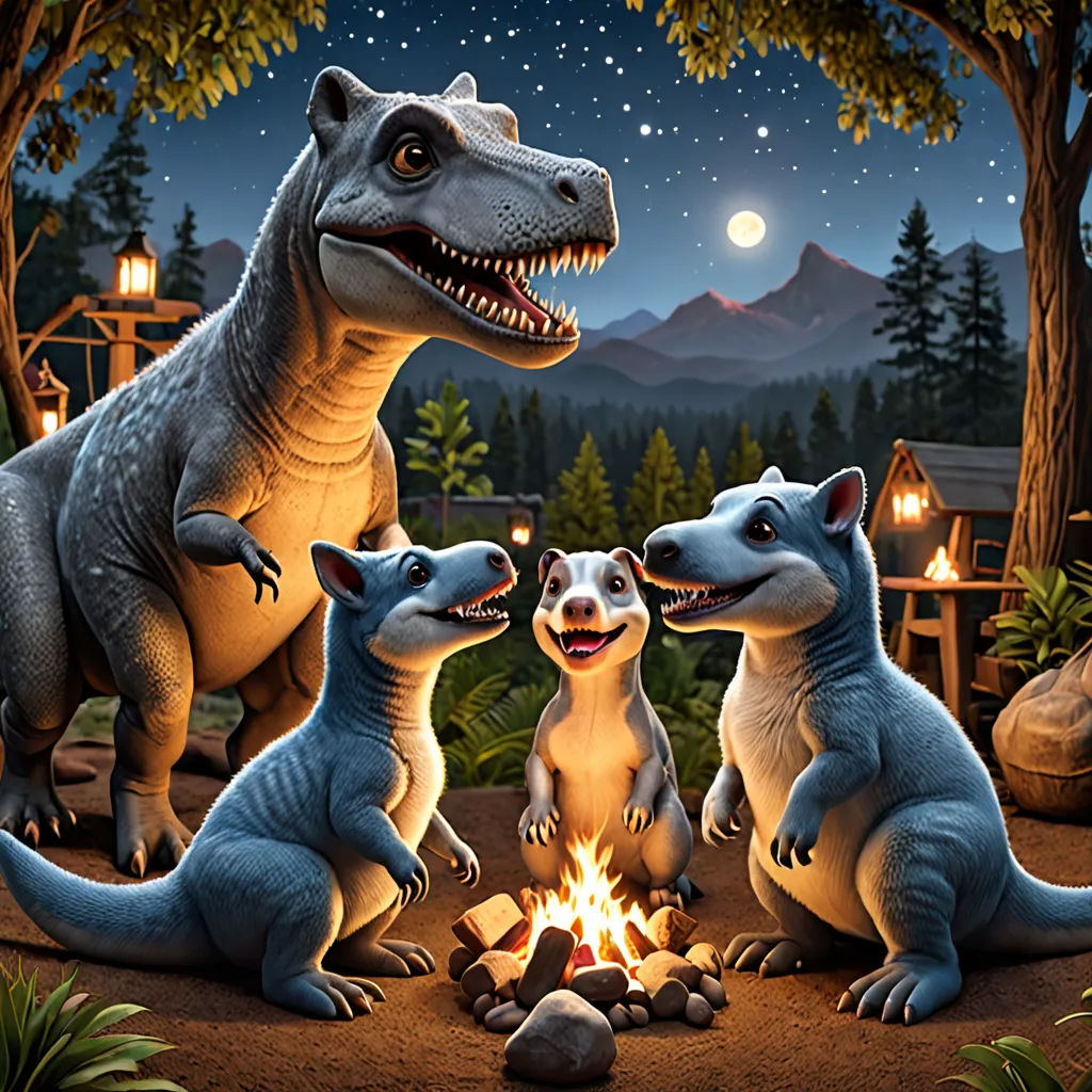 a group of dinosaurs sitting around a campfire in the woods at night time with a full moon in the background, furry art, a storybook illustration, Adam Rex, promotional image