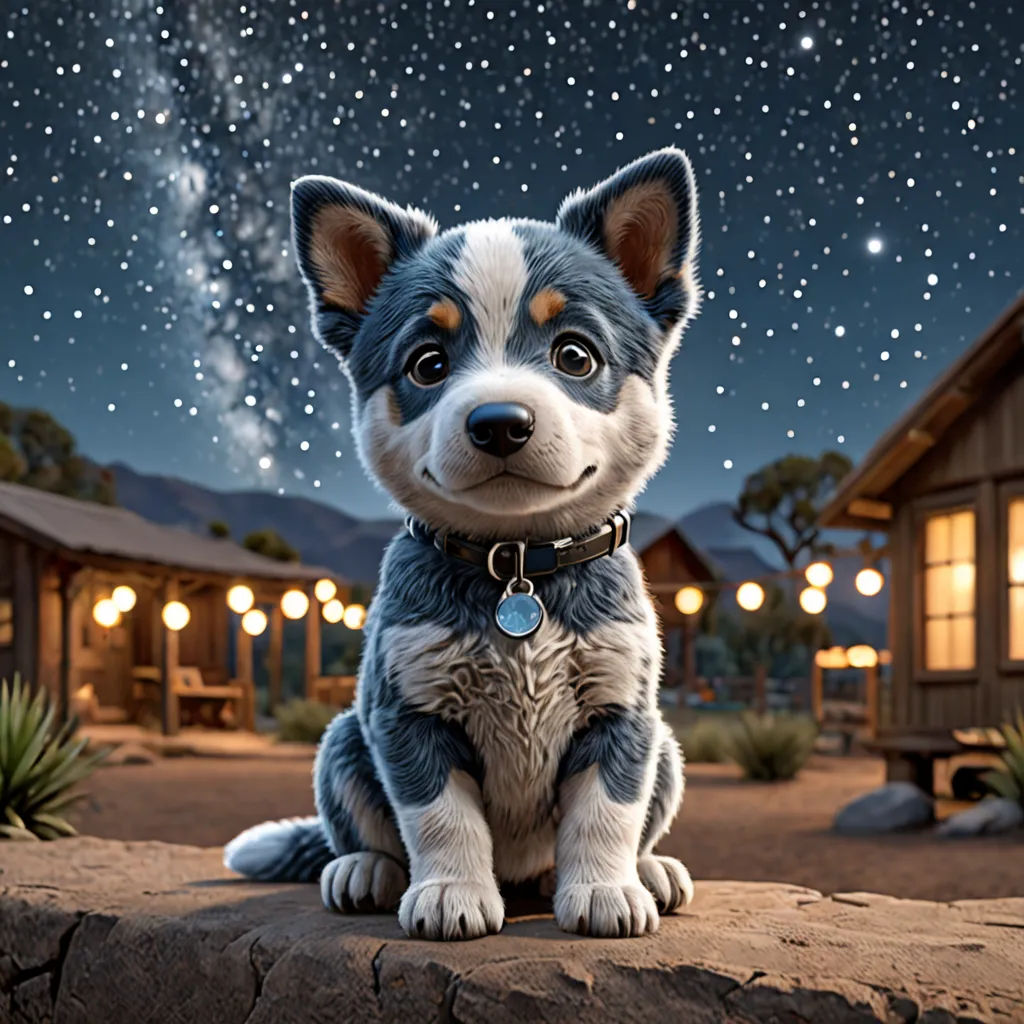 a dog sitting on a rock in front of a house with a sky full of stars in the background, furry art, concept art, Chris LaBrooy, promotional image