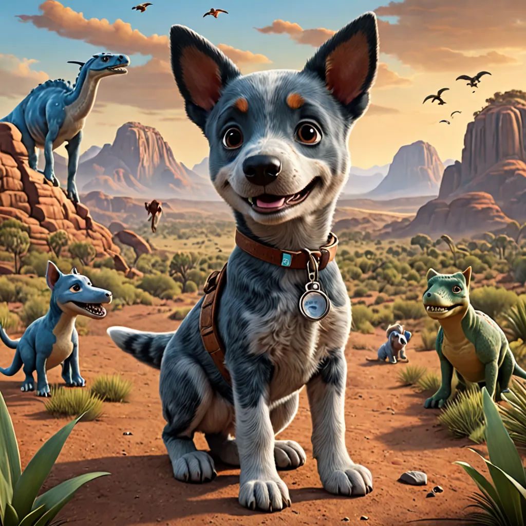 a dog is standing in the middle of a desert with dinosaurs and birds in the background, and a sky with clouds, furry art, concept art, Chris LaBrooy, key art