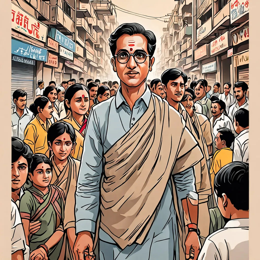 a man in a sari walking through a crowd of people in a city street with a man in a blindfold, samikshavad, poster art, Bapu, graphic novel