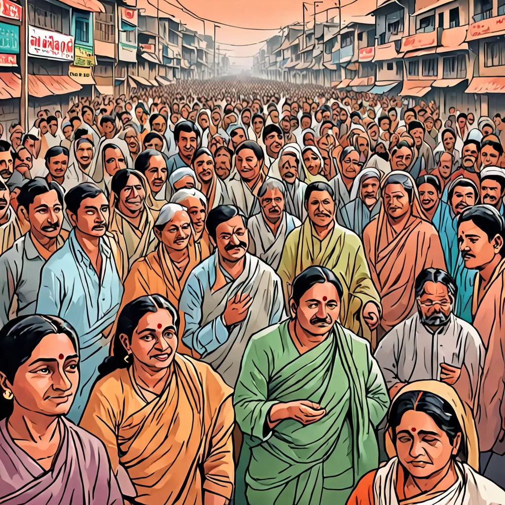 a crowd of people standing in a street with buildings in the background and a man in a green sari, samikshavad, a comic book panel, Bapu, graphic novel