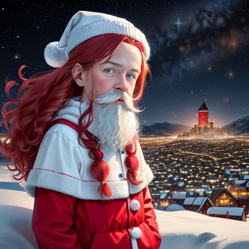 a painting of a man with a beard and a santa hat on in the snow with a city in the background