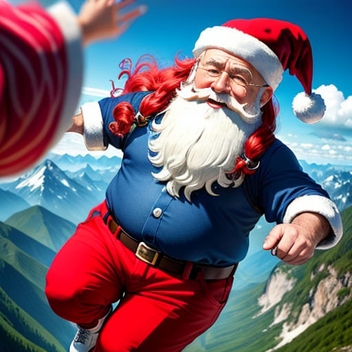 a santa clause is running in the air with a red and white ball in his hand and a mountain in the background