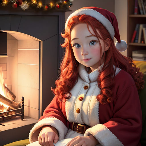 a girl in a santa outfit sitting in front of a fireplace with a book in her hand and a christmas hat on