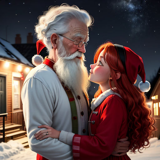 a man and a woman dressed as santa claus in front of a house with a christmas tree and a star