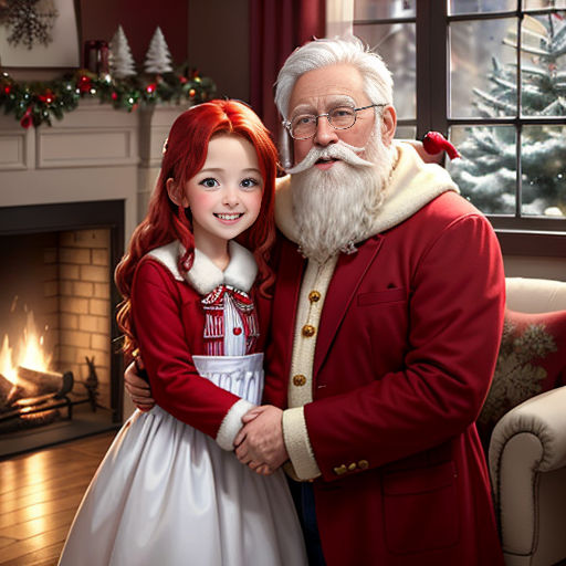 a man and a little girl dressed up as santa claus and mrs claus for christmas time in a living room
