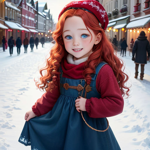 a little girl in a blue dress and a red hat is standing in the snow in a town square