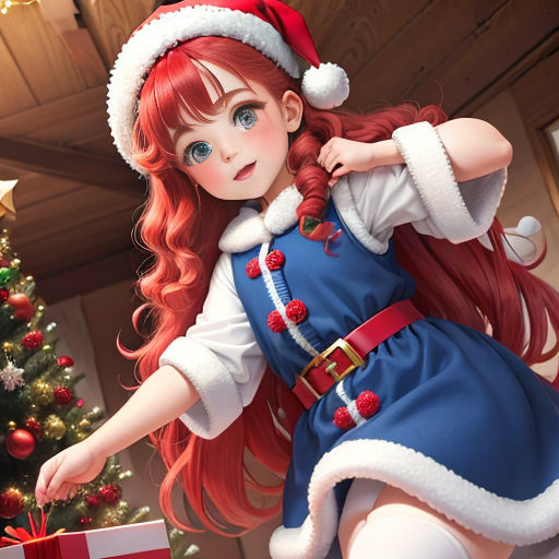 a girl in a santa hat is holding a present near a christmas tree and a christmas tree with presents