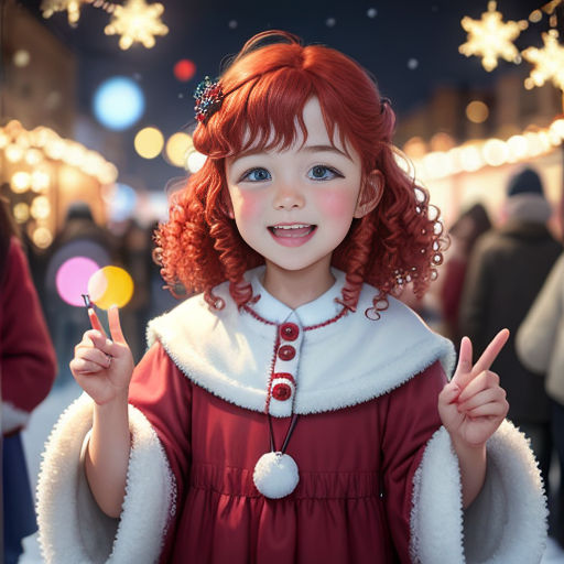 a little girl dressed in a red dress and holding a peace sign and a candy bar in her hand