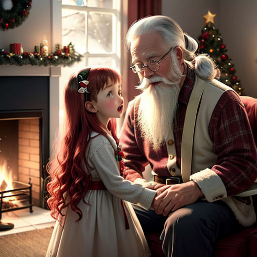 a little girl and an old man in a living room with a christmas tree in the background and a fireplace
