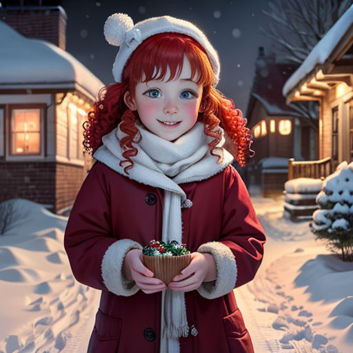 a little girl in a red coat holding a cupcake in the snow with a house in the background