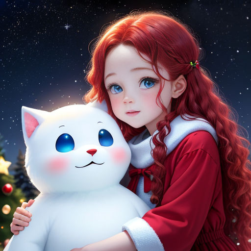 a girl holding a white cat in her arms with a christmas tree in the background and stars in the sky