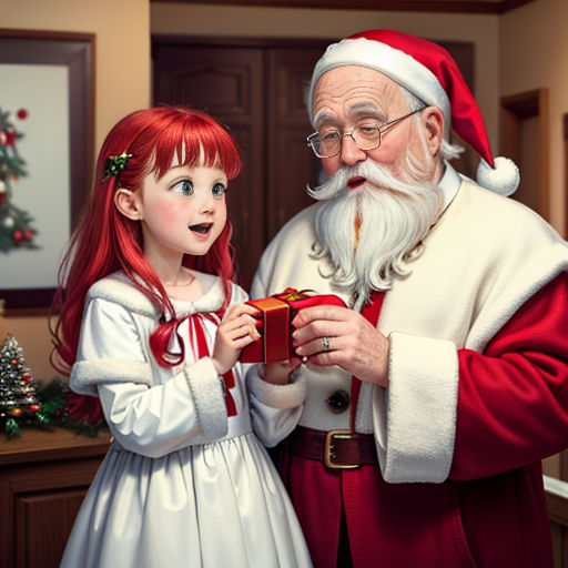 a painting of a little girl opening a present from santa claus, who is dressed in a white dress