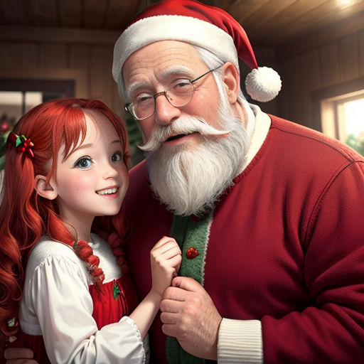 a cartoon santa and a little girl are smiling together in front of a christmas tree and a man with a beard