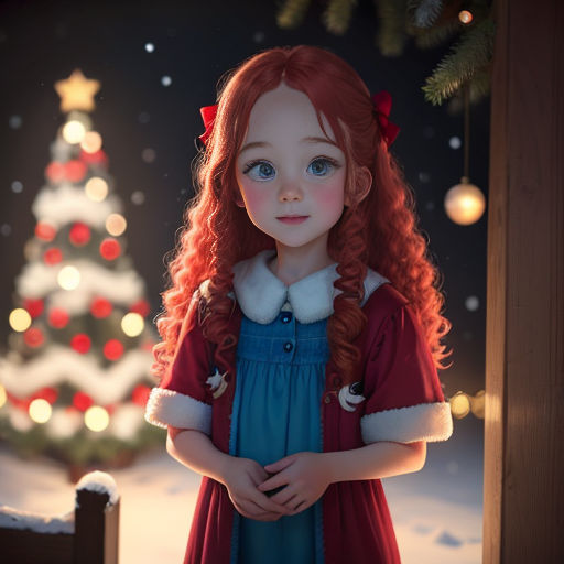 a little girl standing in front of a christmas tree with a red hair and blue dress on, with a red bow in her hair