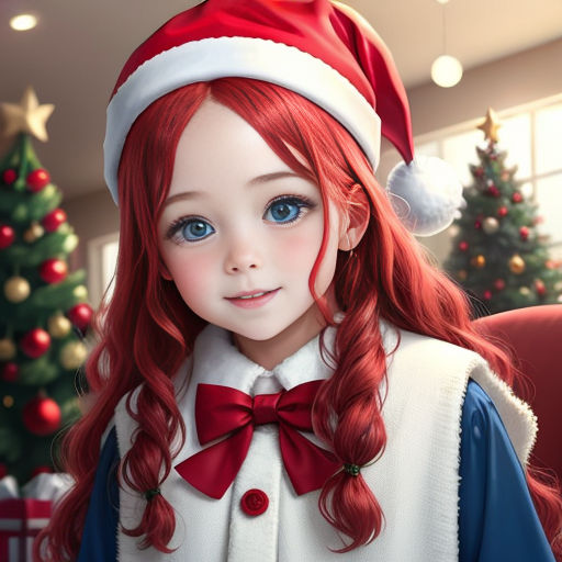 a red haired girl wearing a santa hat and a red bow tie and a white sweater and red hair