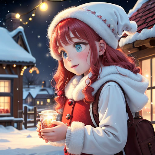 a girl in a red dress holding a cup of coffee in front of a snowy village at night with a lit candle